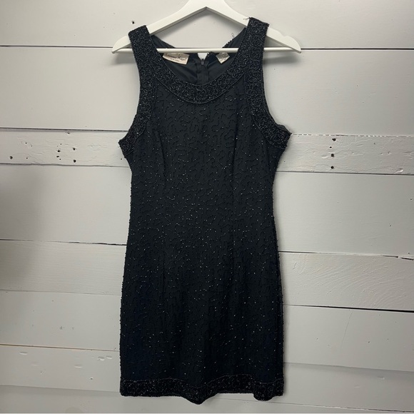 Vintage Laurence Kazar Beaded Sequins Glam Dress in Black Size PM - Picture 1 of 7